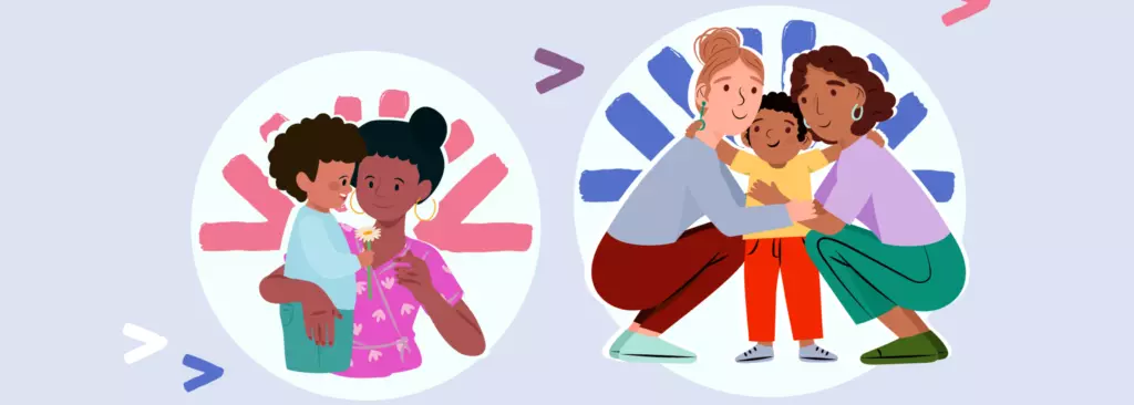 Two circular images side by side: one shows a mother holding her smiling son, who holds a flower; the other shows two women holding a child together, illustrating participants applying their newly learned skills in real-life situations to support and protect children.