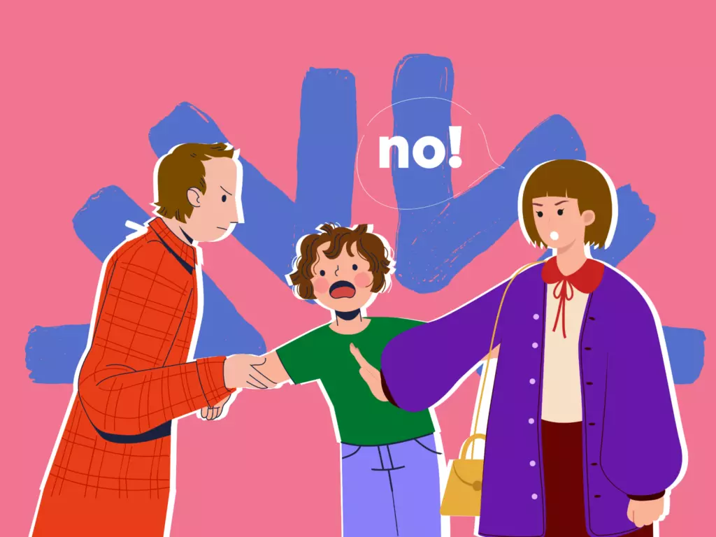 A woman intervenes as a man pulls a young person, representing improved communication skills in responding to sensitive situations.