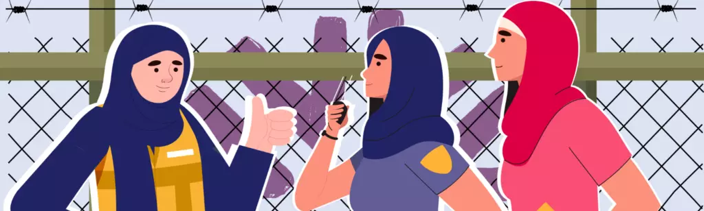 Illustration of a Syrian humanitarian worker speaking with a Syrian doctor and a medic. The scene depicts a coordinated discussion among health and protection service providers addressing survivor needs. Behind them is a purple sunburst.