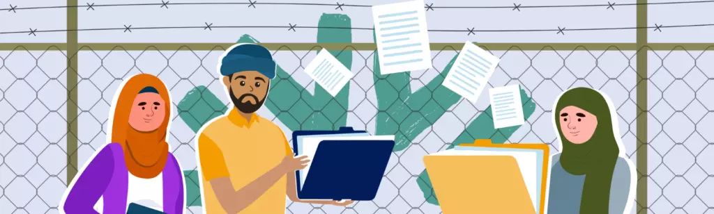 Three professionals working in a collaborative documentation process: a woman on the left holding papers, a man in the center opening a document, and another woman on the right receiving documents. The documents appear to move between them, symbolising the exchange and sharing of case materials, reflecting coordinated work between lawyers and doctors supporting human rights documentation.