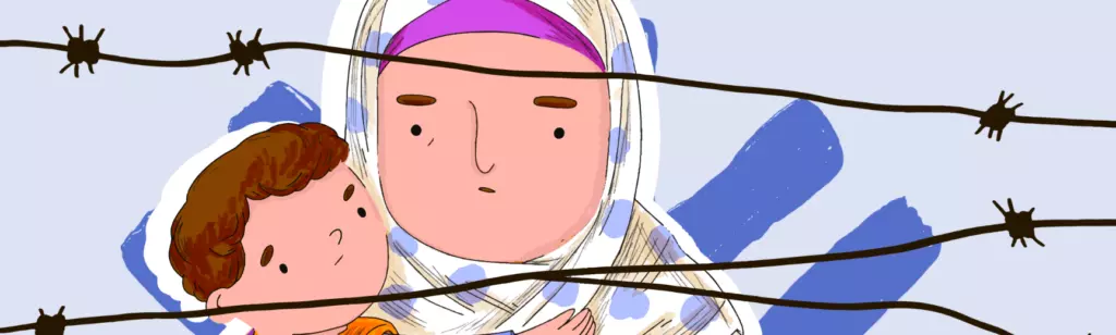 Illustration of a Syrian woman holding a child against a blue sunburst background with barbed wire imagery related to conflict and detention in Syria.