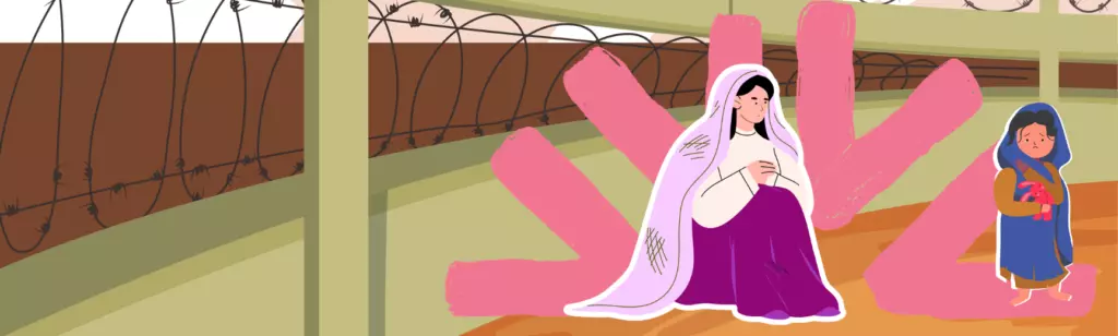 Illustration of a young Syrian woman seated and leaning against a barbed-wire fence, with a child standing nearby holding a teddy bear, set against a soft pink sunburst background.