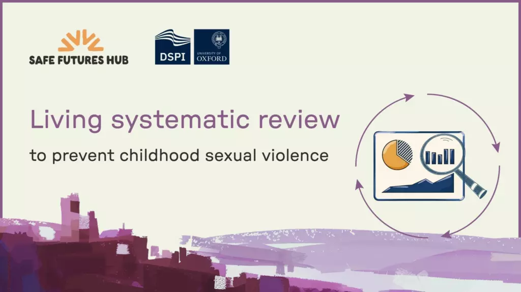 Living Systematic Review to Prevent Child Sexual Violence, shown on a purple background with a circular graphic featuring a data chart and magnifying glass.